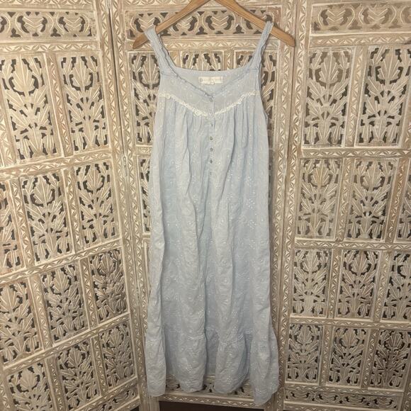 Eileen West Sleeveless Nightgown Medium Blue Swiss Dot Cottage Core Milkmaid - Picture 1 of 11